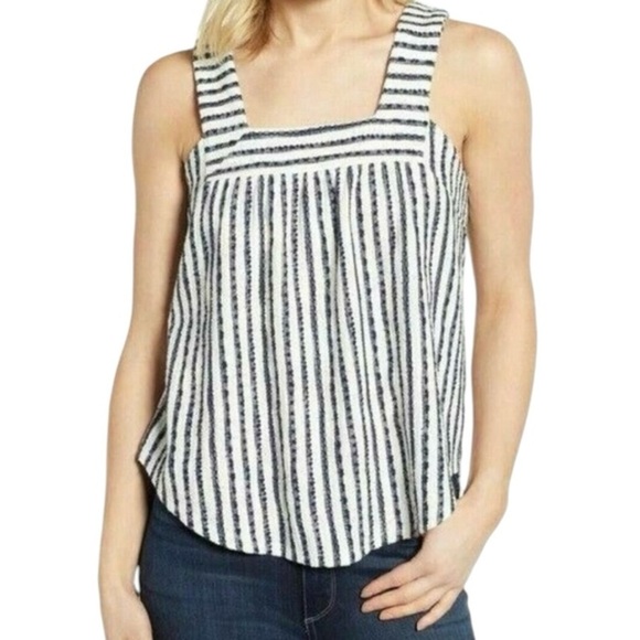 Lucky Brand Black White Striped Sleeveless Textured Knit Top Large Boho Casual - Picture 1 of 8